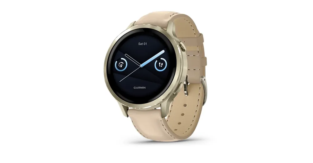Kedvezmény Garmin Venu 4 okosóra - Lunar Gold keret - homokszínű bőr szíj